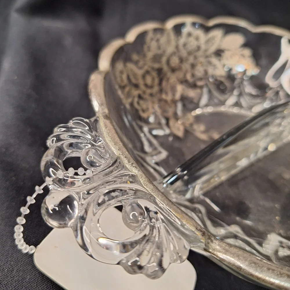 Vintage Silver Overlay Divided‎ Relish Dish Floral Scalloped Candy Bowl 8